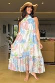 Made In Italy Paradise In Bloom Tiered Long Dress Sky And Rose /20 =